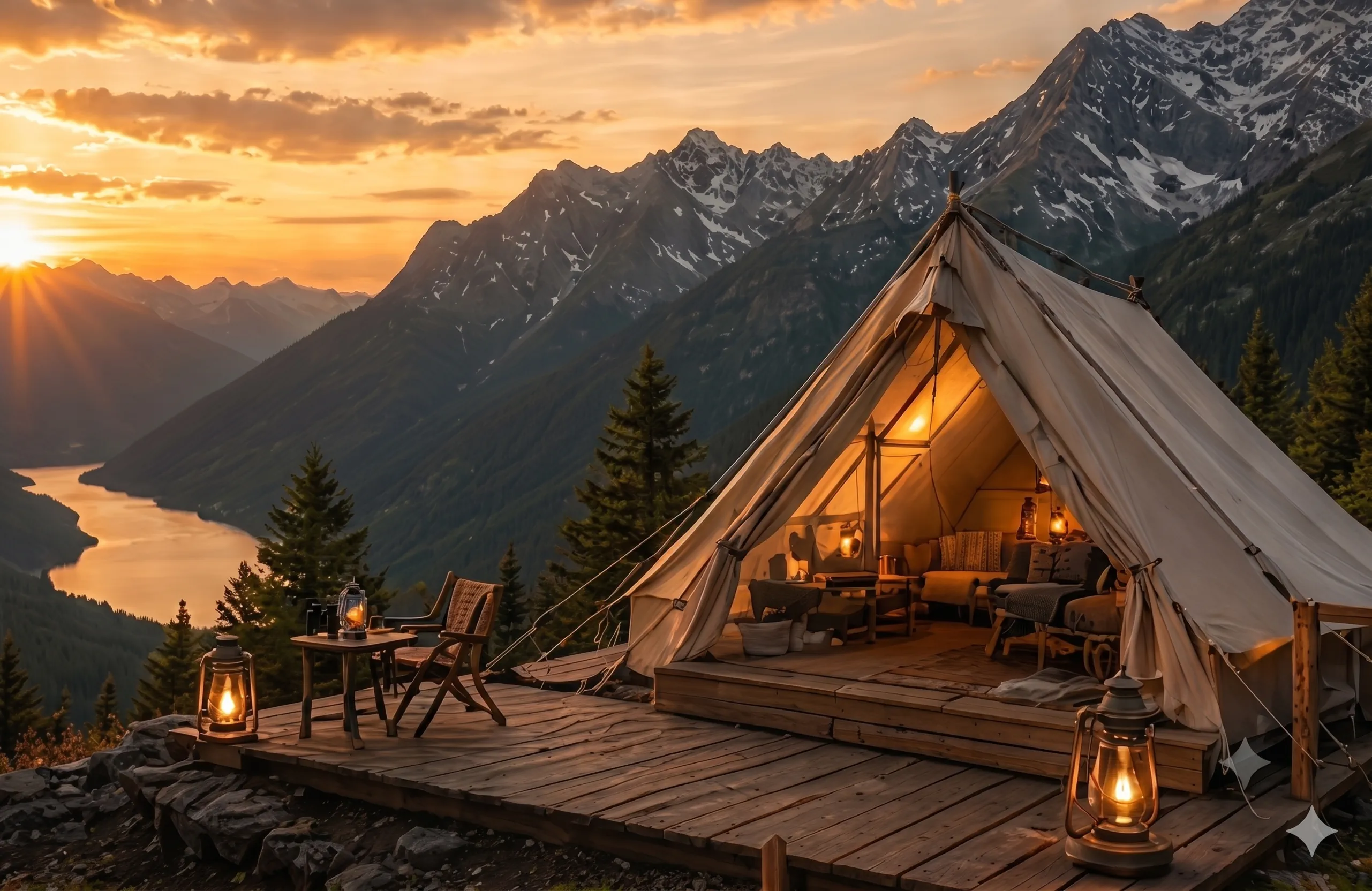 Tente bivouac confort en montagne au coucher du soleil